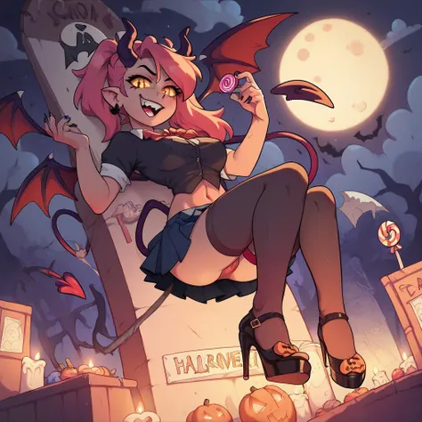 girl in short school skirts , neckline,  stockings,  high heels,  demon tail, Asking for Halloween candy at the cemetery at midnight 