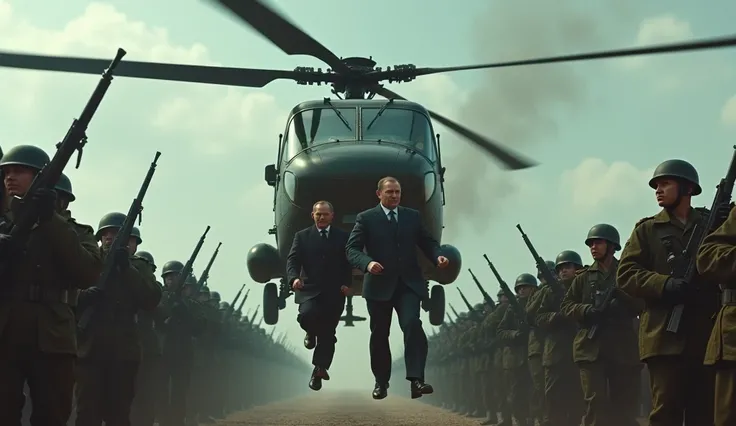 putin and kim jong un were captured and thrown from a helicopter, ambushed and tied up, watched by dozens of soldiers, in the sky, front view