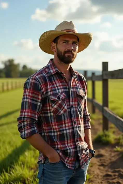 

**"A realistic image of a man resembling Lionel Messi, wearing a straw hat, standing in a rural countryside setting. The man is dressed casually, with a plaid shirt and jeans, surrounded by green fields, a wooden fence, and a rustic farm atmosphere under...