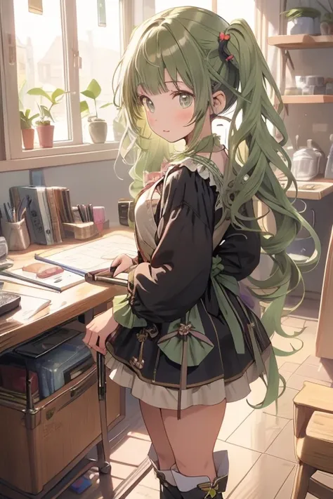 (masterpiece), (best quality), detailed,
1 girl, soro, twintails, long wavy hair twintails.hairs between eyes,dark green eyes ,dark green hair, (magical girl:1.2),
bow, dress, (pink:0.6), over legwear, boots, too many frills, too many bow, standing,striped...