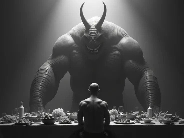 Black and white surreal photo . Bare-back shadow of a strong man sitting in front of a huge dinner table full of food.  He looking at the Big Giant monster Slug afront of him. The Big Slug with 2 long antenna above head evil smile at the man, shadow cover ...