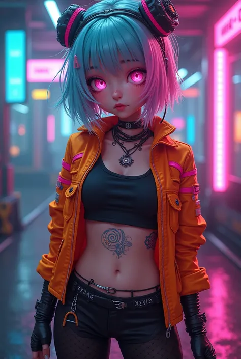 High qualitiy (8k), Cyberpunk style,Anime style,Petite woman, Rainbow hair , pink eyes, Spirall Belley tattoos, Orange jacket with Pink lines ,black Shirt, leggings, Neck Collar, Fishnet gloves