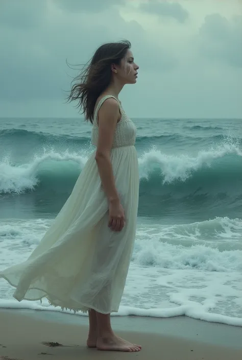 Young woman crying barefoot in nightgown by the sea wants to drown herself in the sea 