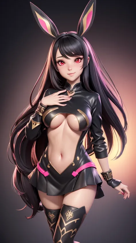 Masterpiece, 3D rendering, highest quality. golden bunny ears girl Pink-red eyes, Dark gray-black hair , straight hair,
an all-black with gold patterns. for mobile games Big-breasted rabbit girl. Fantasy art. Sweet and realistic rabbit girl. 
Cutely detail...