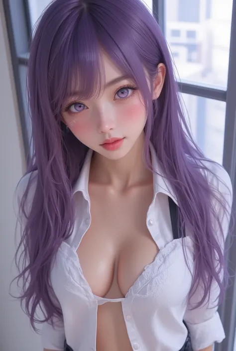  realistic photo ,1 ,   long hair , fringe, (purple eyes:1.1),  purple hair, Side Lock, blunt fringe, (Bright Eyes:1.5), halfway up, Big breasts ,to break, 
(( masterpiece ,  best quality swimsuit:1.3)),  ultra detailed lingerie top, A young adult ,((Face ...