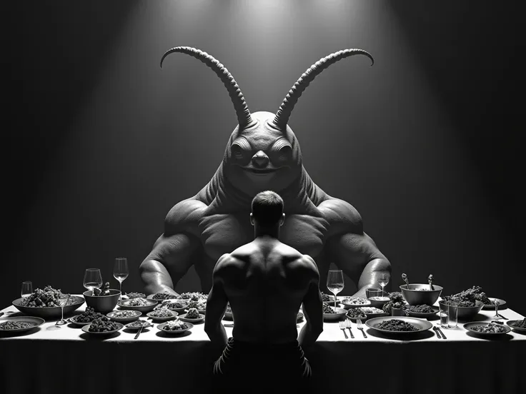 Black and white surreal photo . Bare-back shadow of a strong man sitting in front of a huge dinner table full of food.  He confident looking at the Big Giant monster Slug afront of him. The Big Slug with4 big eyes and 2 very long antenna above head evil sm...