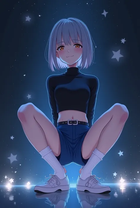 18 year old girl with short hair， Shes wearing sportswear shorts and long white socks，No shoes， Her heels are next to her 。behind her hands，Crouch down with her legs apart ， Her face has an expression of shame 、 one girl、 1 girl, are expressionless、 smilin...