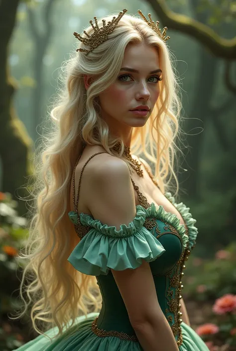 Mila Azul,big breasts,Alice in Wonderland,beautiful intricate detailed fantasy dress,porcelain skin,long blonde hair,emerald green eyes,delicate facial features,fairy tale forest background,whimsical magical atmosphere,warm color palette,dramatic lighting,...