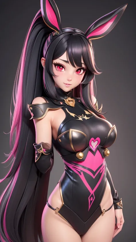 Masterpiece, 3D rendering, highest quality. golden bunny ears girl Pink-red eyes, Dark gray-black hair , straight hair,
an all-black with gold patterns. for mobile games Big-breasted rabbit girl. Fantasy art. Sweet and realistic rabbit girl. 
Cutely detail...