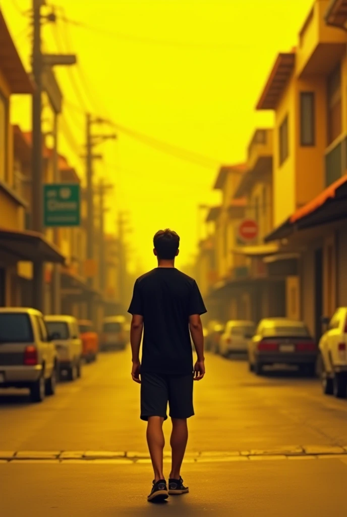  Make man in black shirt shorts yellow color again street in housing, left right view of blurred housing 