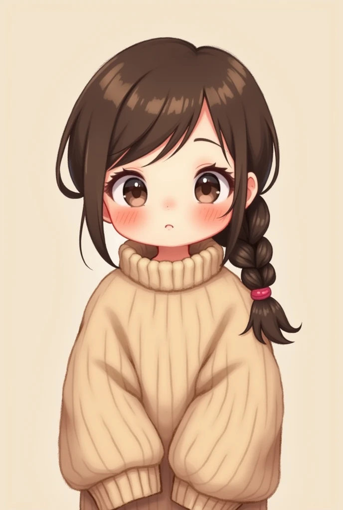 chibi girl with brown braid over shoulder and large oversized sweater 