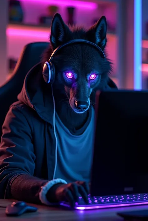 (realistic) 1 black werewolf with glowing purple eyes playing video games on a PC Gamer and wearing a headset over his ears, gray shirt, black and white band and black coat on top. In the blurred background, a dark gamer room with LED lights and shelves.