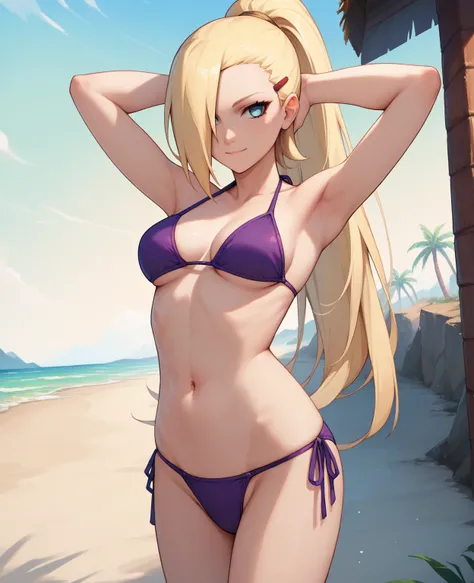 score_9, score_8_up, score_7_up, source_anime, solo, 1girl, in0ymnka, light smile, looking at you, standing, arm behind head, long hair, blonde hair, hair over one eye, high ponytail, hairclip, blue eyes, purple bikini, side-tie bikini bottom, large breast...