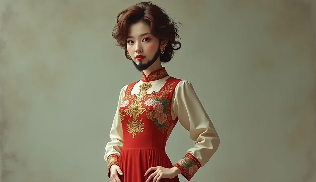  has brown hair and is wearing a costume （Something that imitates Ao Dai ). Knee-length dress、Body is female、The face is male、Bearded、