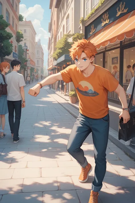 Anime boy, cool style casual, orange hair wolfcut, blue eye, walk in public, cool pose style (high quality picture) (masterpieces)