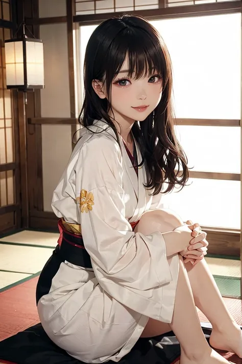 
“A graceful young woman sitting on a tatami mat in a traditional Japanese room, softly illuminated by the warm glow of paper lanterns. Her slender figure is elegantly wrapped in a pale lavender yukata adorned with delicate floral patterns, the obi tied ne...