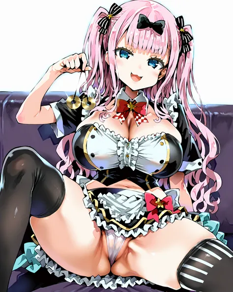 score_9, score_8_up, score_7_up, 1girl,solo, style asanagi, seduce,seductive, looking_down , sexy smile, breasts, large breasts, thighhighs, stripe socks, pink and white stripes, short sleeves, white background, she is holding a pendulum in one hand (hypno...