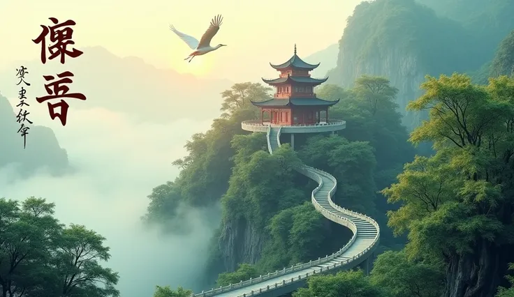 A serene landscape featuring a majestic Chinese-style temple perched on a mountain, surrounded by mist and lush greenery. A winding staircase leads up to the temple, flanked by vibrant trees. In the foreground, a white crane soars through the sky, adding a...