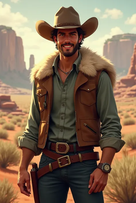 Give me a young man of about 23 years old ,high as 1.80 cm,  his green eyes and his white skin color with his short beard and cute smile dressed as a cowboy with animal fur 