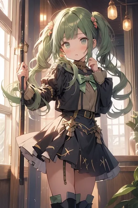 (masterpiece), (best quality), detailed,
1 girl, soro, twintails, long wavy hair twintails.hairs between eyes,dark green eyes ,dark green hair, (magical girl:1.2),
bow, dress, (pink:0.6), over legwear, boots, too many frills, too many bow, standing,striped...