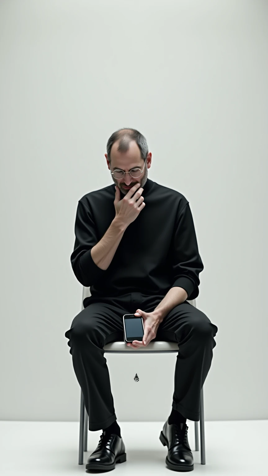 A reflective figure resembling Steve Jobs, sitting alone on a minimalist chair in an empty, pristine white room, holding a broken old smartphone. A tear streams down his cheek, but the exaggeratedly large tear drop adds a humorous touch, contrasting the so...