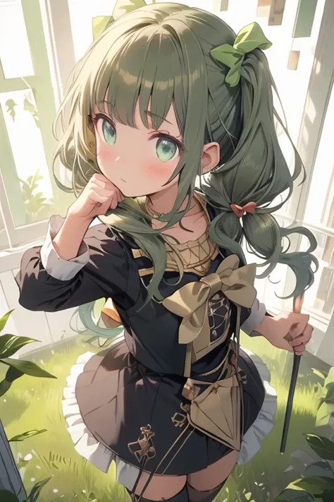 (masterpiece), (best quality), detailed,
1 girl, soro, twintails, long wavy hair twintails.hairs between eyes,dark green eyes ,dark green hair, (magical girl:1.2),
bow, dress, (pink:0.6), over legwear, boots, too many frills, too many bow, standing,striped...