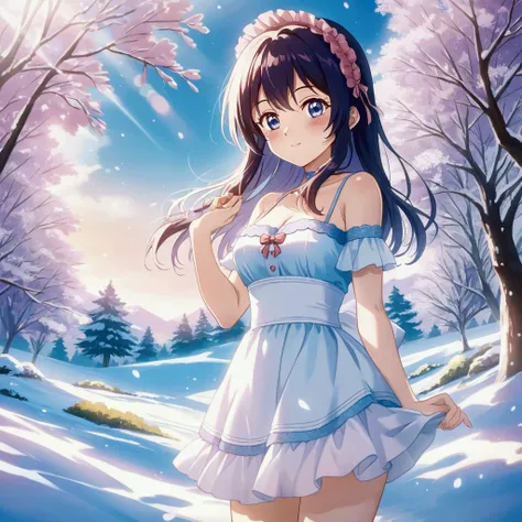 Anime girl in a blue dress standing in a snowy field,  Animated Cute Style ,  official illustration , Beautiful anime  girl, Lolita in a skirt,  cute anime maid in a beautiful dress, high detailed  official illustration , Pretty anime girl,  anime lolita s...