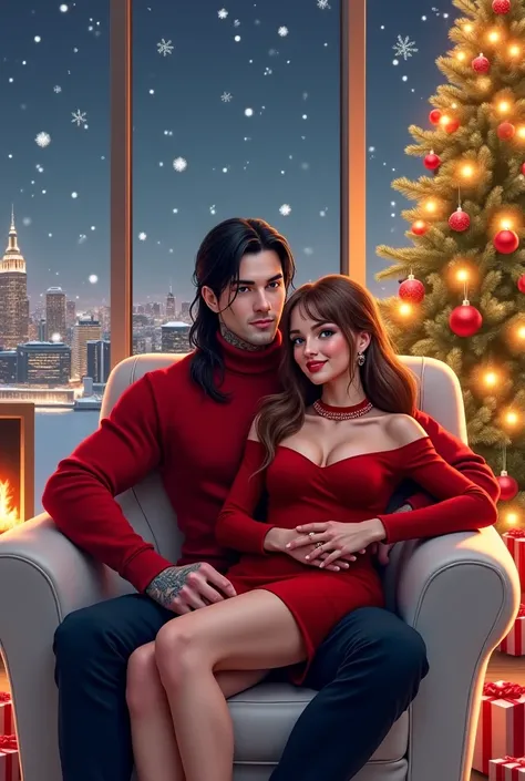 horizontal image. retrato.  Realistic illustration .  realistic image, aesthetics.  detailed image , luxury environment, fashion, love.  front focus, 4k image. pose frontal. Focusing on a couple at Christmas in their luxury penthouse,  the man is sitting i...