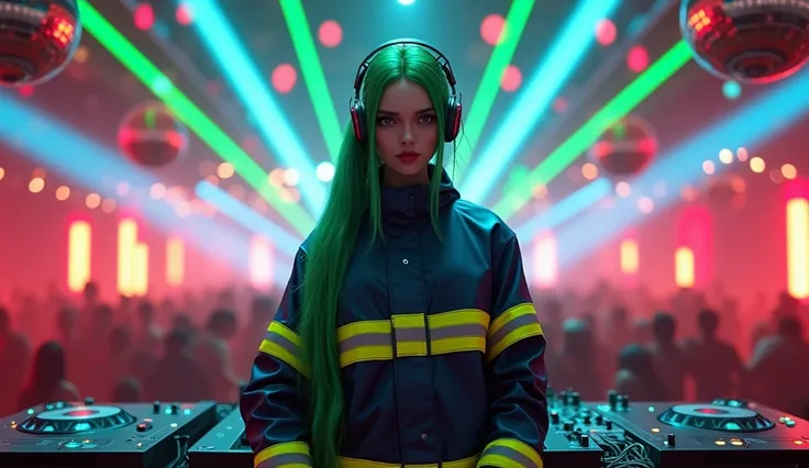 3D Super Detail A futuristic female DJ with long, vibrant green hair and headphones, wearing a stylish dark blue fire figter costume with reflective yellow safety stripes, standing confidently behind a DJ booth. The scene is set in a high-energy nightclub ...