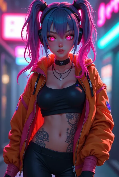 High qualitiy (8k), Cyberpunk style,Anime style,Gamer woman, Rainbow hair , pink eyes,Belley tattoos, Orange jacket with Pink lines ,black Shirt, leggings, Neck Collar, Fishnet gloves