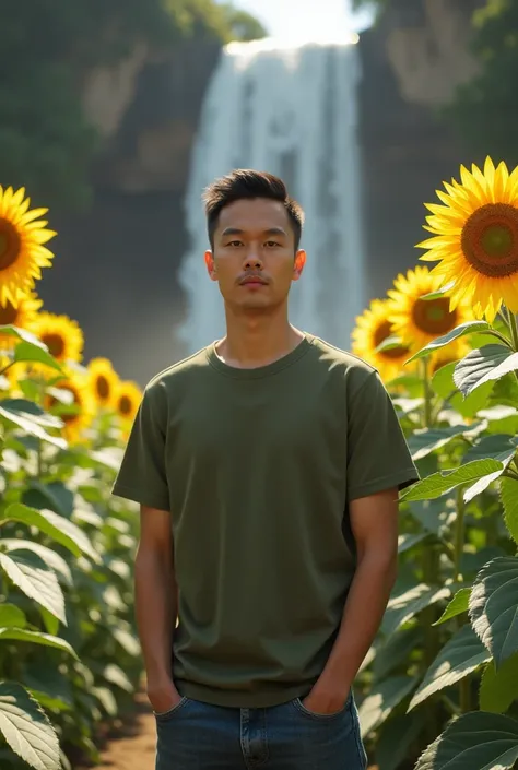 Create a picture of a handsome Asian man with short hair and a skinny body wearing an army t-shirt, wearing knee-length jeans, standing in a fertile sunflower garden in a cave with a waterfall, 8k image quality.