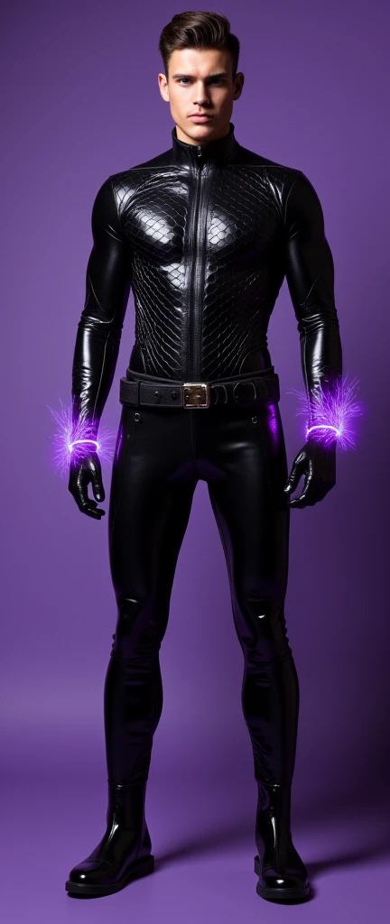 Full body photorealistic shots of handsome hunky slender cosmic, wearing a black and Violet scale texture leather latex spandex costume with gloves and belt and boots. With bracelet that bursting purple magnetic energy. Standing fimly and face front camera...