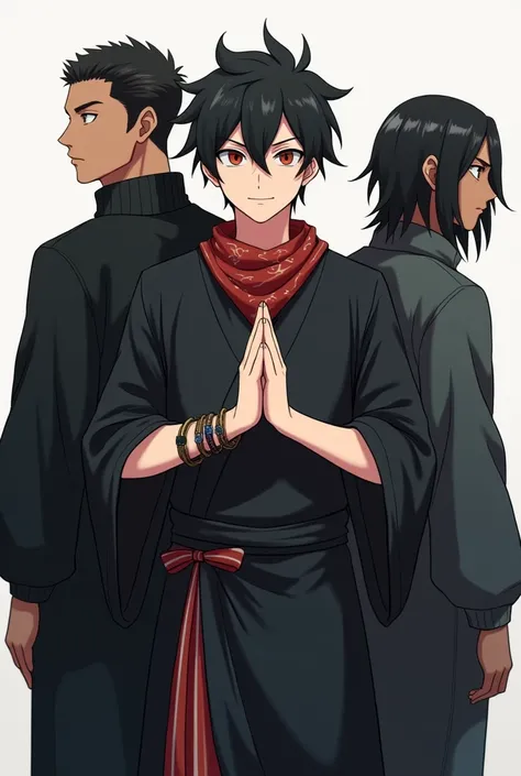 3 male characters, the first with dark skin ,  short hair with bracelets on his arms with a bandana around his neck and that this character is in the center of the image with a black robe making a rasenga , the second white-skinned character with short bla...