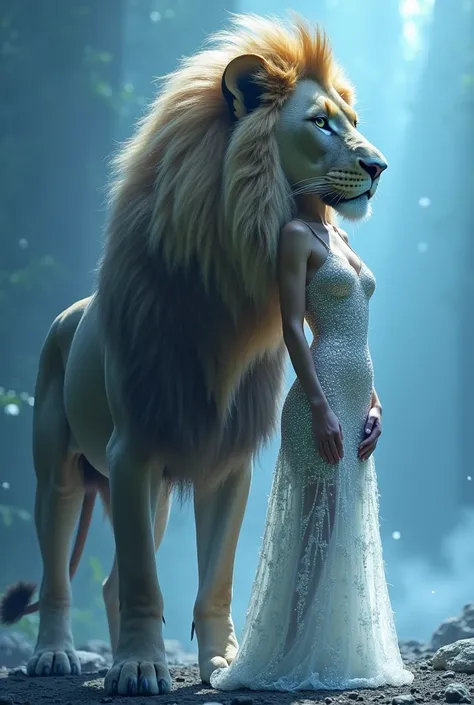 Create an image of a majestic lion with a flowing mane, standing beside a human figure dressed in sparkling attire. The scene should have an ethereal, dreamlike quality, with a soft blue background that enhances the magical atmosphere. The lion and the hum...