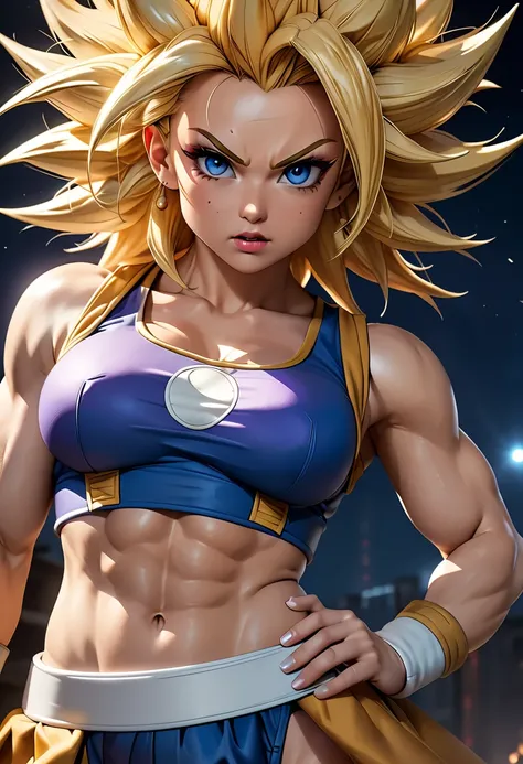 Super Saiyan girl ,deep navel, wearing Scouter from Frieza , Akira Toriyama design,  Athletic body,  Serious expression,  full body shot , six pack abs,  Vegeta battle royal costume,  beautiful and detailed eyes ,  beautiful and detailed lips ,  extremely ...