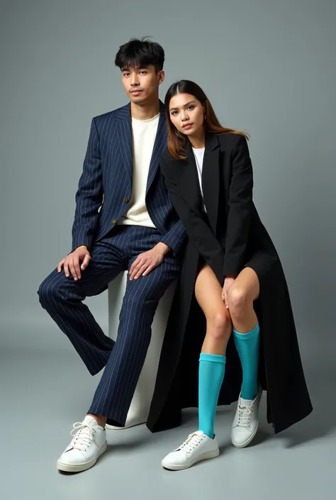 

 A man and a woman are posing in a modern editorial style against a plain gray background.

man:

 Wearing a suit with a pattern of vertical stripes dark blue  (navy),  combined with a white sweatshirt on the inside .

 Sitting position with one leg poin...