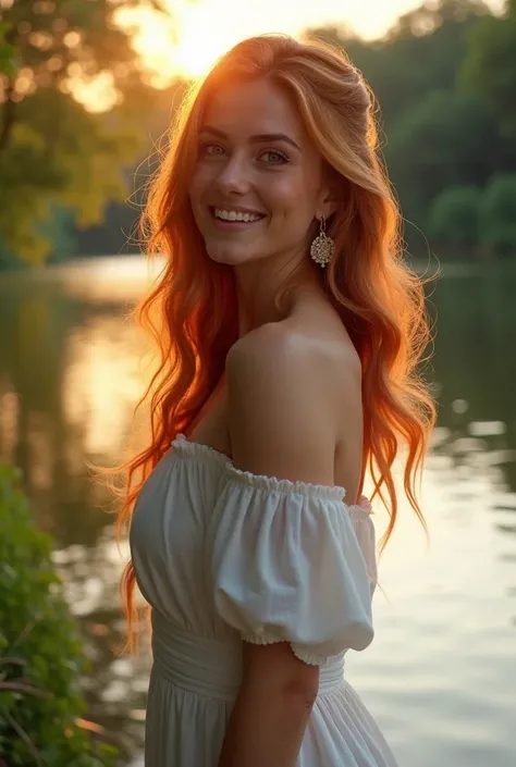 Pretty ginger woman. Standing by a lake at sunset. Curvy body. Smiling