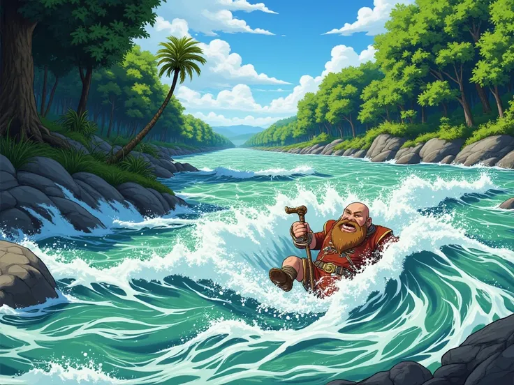 a dwarf was carried away by the tidal flood in the river , animated pictures, anime, hand drawn 