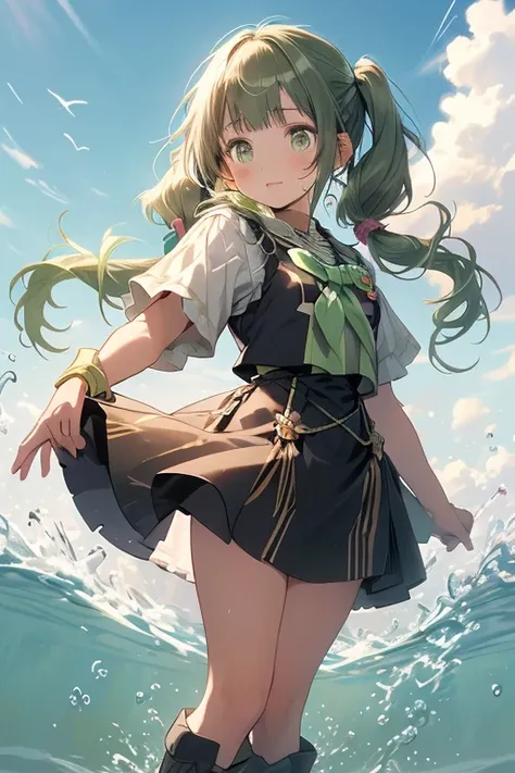 (masterpiece), (best quality), detailed,
1 girl, soro, twintails, long wavy hair twintails.hairs between eyes,dark green eyes ,dark green hair, (magical girl:1.2),
bow, dress, (pink:0.6), over legwear, boots, too many frills, too many bow, standing,striped...