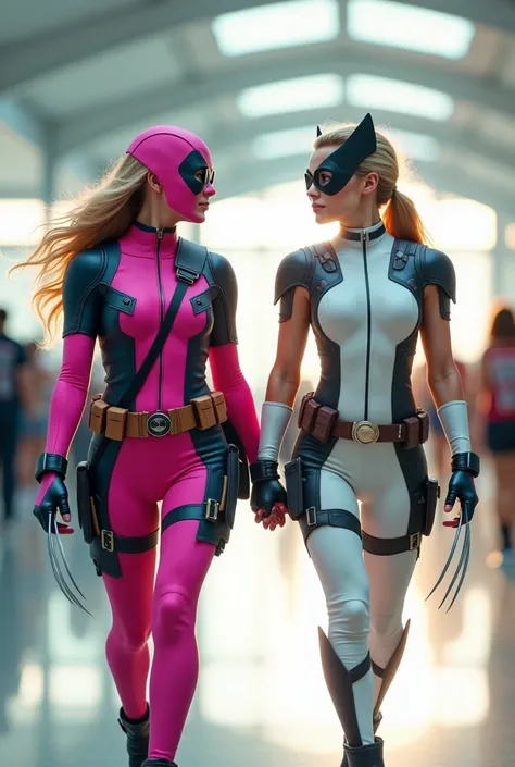 A 15-year-old girl wears a pink and white deadpool costume ,wears black eye glasses , blonde hair and a 15-year-old girl wears a white wolverine costume, walking together , airport room background ,bright light,realistic image,HD quality