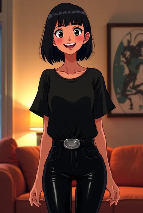 Score 9 up above cartoon 1 girl just a girl in the living room wearing a loose black shirt with short black sleeves until she reaches her navel in a tight shiny black pantsuit covering her hips completely and up to her feet on her feet, small black shoes a...