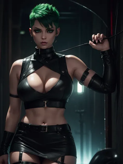 Female green undercut shaved sides hair electricity reflection in eyes DDDD thick thighs wearing black mini skirt black leather tank top cleavage dark red make-up around Demon glow eyes background cabin amazing detail realistic 3D real character style extr...