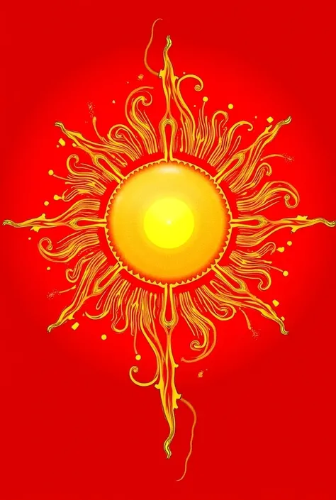 A creative, artistic depiction of a golden sun with intricate, radiant patterns set against a crimson background. The design includes abstract, flowing elements with swirls, circular motifs, and fine line details that symbolize energy, progress, and resili...