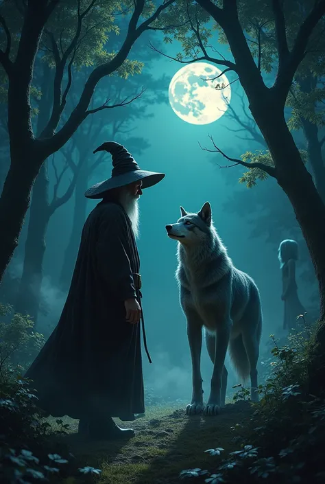  A wizard next to a werewolf (AS FRIENDS)  in a forest at night , and a female figure in the trees  