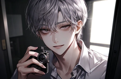 {male}、、{ high image quality}、 Accurate Description 、 handsome、{ dark eyes}、Twisted Smile、 shirt 、{一人のmale}、青い shirt 、Lockを手にもつ、Casual wear、In a dark room、{ yandere }、Lockを手に持つ、⛓、Lock、Gray Hair、camera up to the waist、 backlit、Holding a smartphone in hand、S...