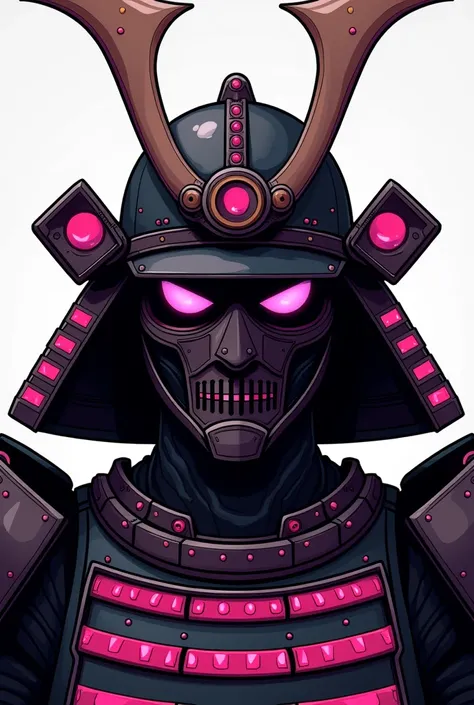 Create an image of a robotic stylized, menacing samurai helmet with prominent horns and a face mask, featuring sharp angles and a color scheme of dark tones with highlights in vibrant pink. The helmet should have an intricate design that suggests both trad...