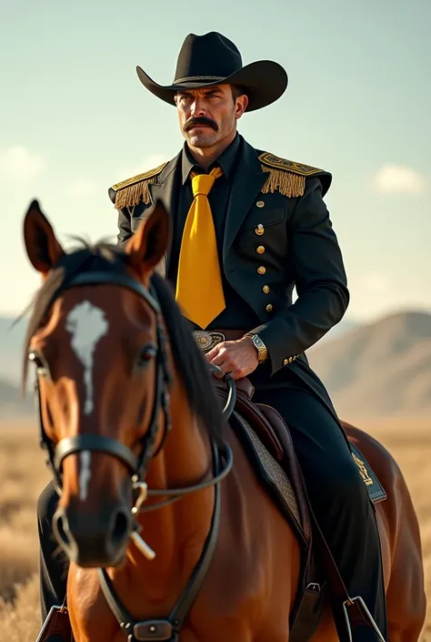 a handsome cowboy with a mustache, shoulder pads for general ,  black shirt and yellow tie riding a horse 