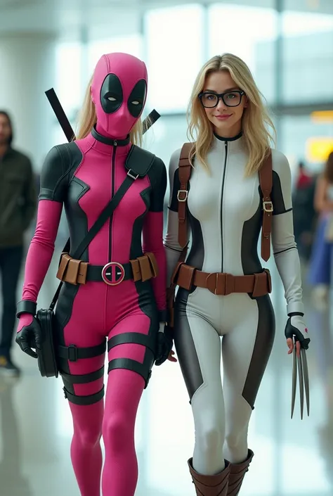  A 17-year-old girl wearing a pink deadpool costume with white lesbians ,wears black eye glasses , blonde hair and a 17-year-old girl wearing a white wolverine costume,walking together in the airport room ,smiling facial expression, airport room background...