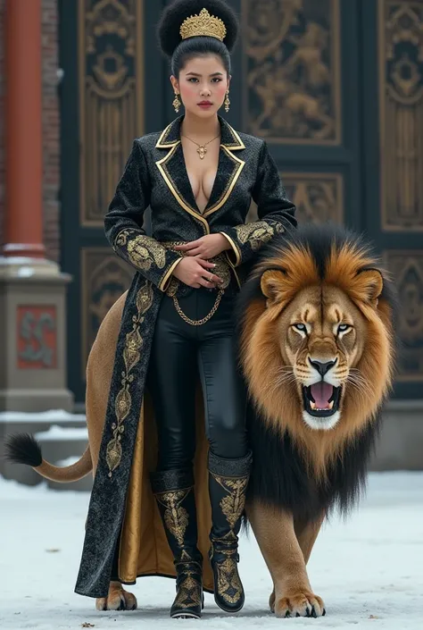 Hyper realistic image of 40-year-old Indonesian female empress, Tall and large body, full body shot , the womans face is very clear ,  face facing the camera,  scene featuring a large lion roaring angrily,  Lion must walk with woman ,  wearing a black and ...