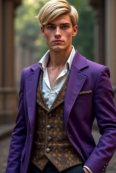 Light skinned with dark brown eyes and short blonde hair. He is slightly muscular and wears plain white shirts with intricately detailed waistcoats and a purple jacket. In cinematic style